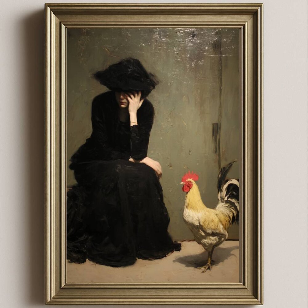 8.5x11 Victorian Mourning Woman & Rooster Art Print | Dark Surreal Gothic Decor